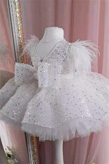 Beautiful White Sequins Flower Girl Dress With Cap Sleeves Feather
