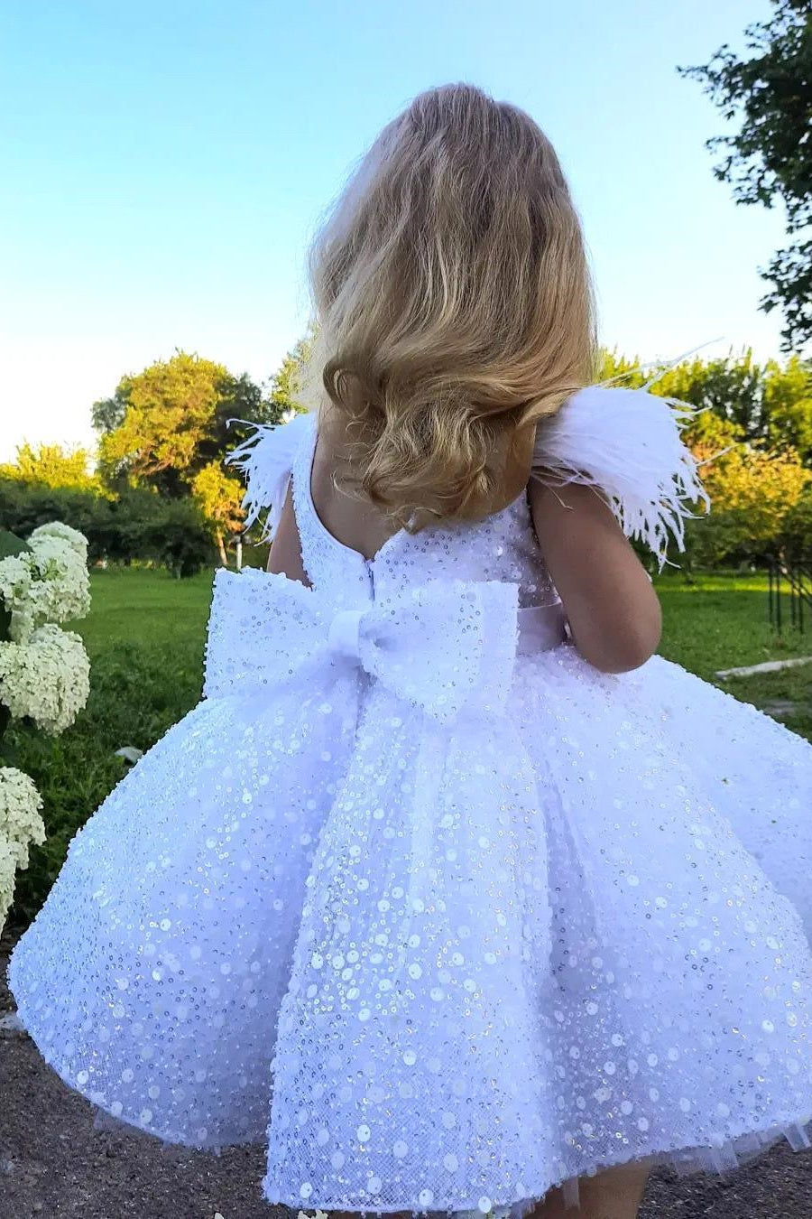 Beautiful White Sequins Flower Girl Dress With Cap Sleeves Feather