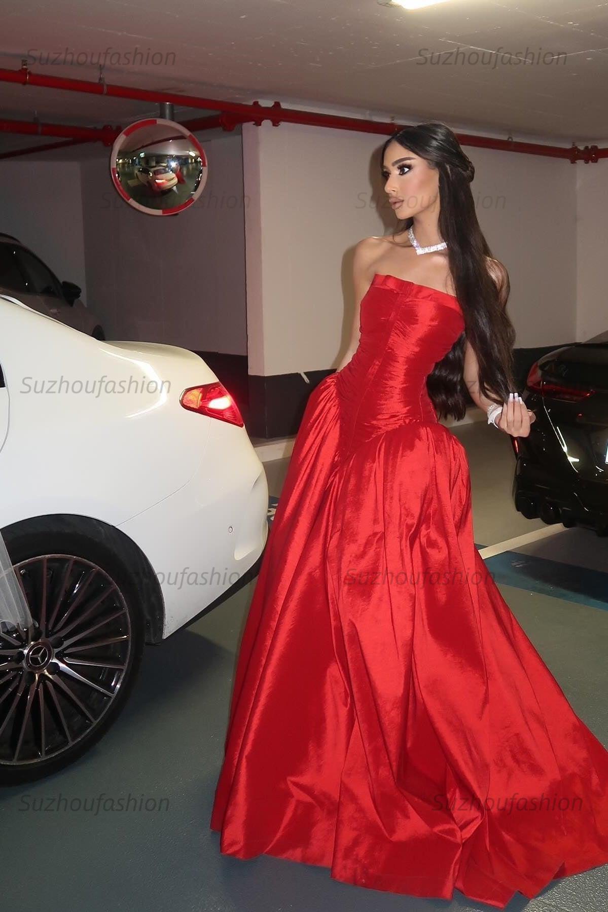 Suzhoufashion Beauty A Line Strapless Red Satin Long Prom Dress With Ruched Formal Evening Gown