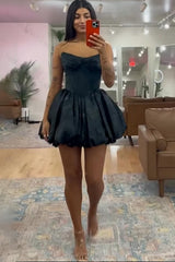 Black A Line Homecoming Dresses Corset Strapless Short Cocktail Dresses