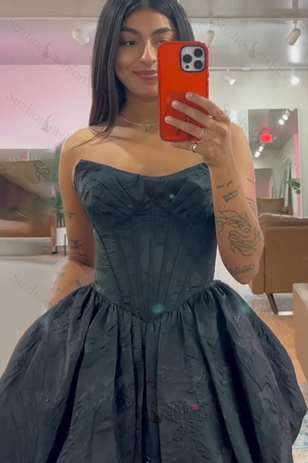 Black A Line Homecoming Dresses Corset Strapless Short Cocktail Dresses
