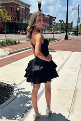 Black A Line Homecoming Dresses Sweetheart Short Corset Cocktail Dresses With Ruffles