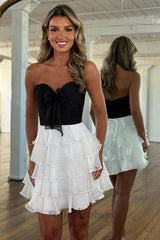 Black And White A Line Homecoming Dresses Tulle Tiered Sweetheart Short Cocktail Dresses