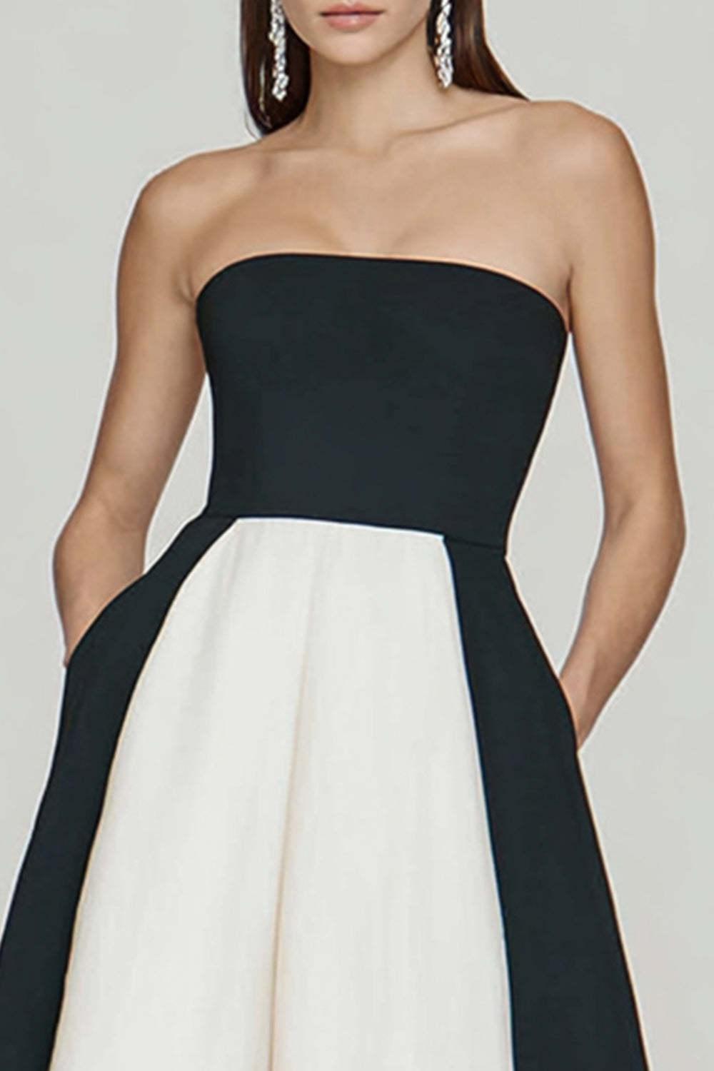 Suzhoufashion Black And White A Line Strapless Long Prom Dress With Slit