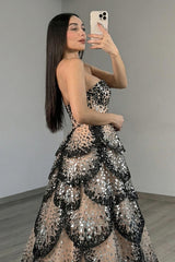 Suzhoufashion Black Apricot Tiered Prom Dress Strapless A Line Long Formal Dress With Sequin