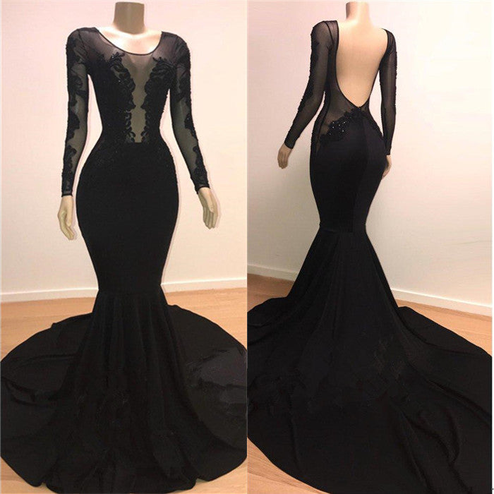 Black Backless Appliques Prom Dresses | Sexy Mermaid Appliques Evening Dresses bc0872