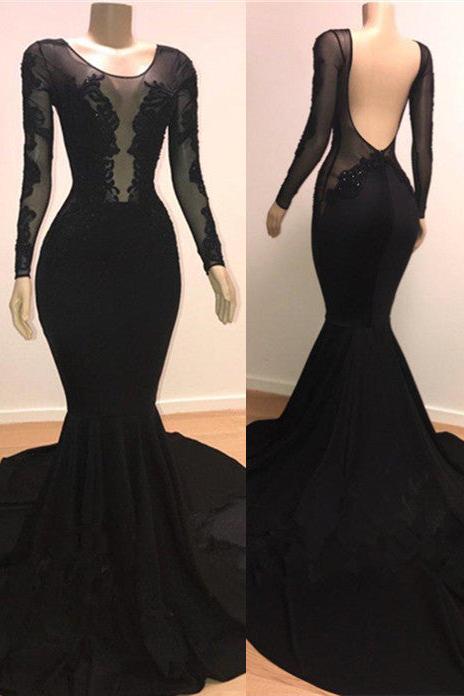 Black Backless Appliques Prom Dresses | Sexy Mermaid Appliques Evening Dresses bc0872