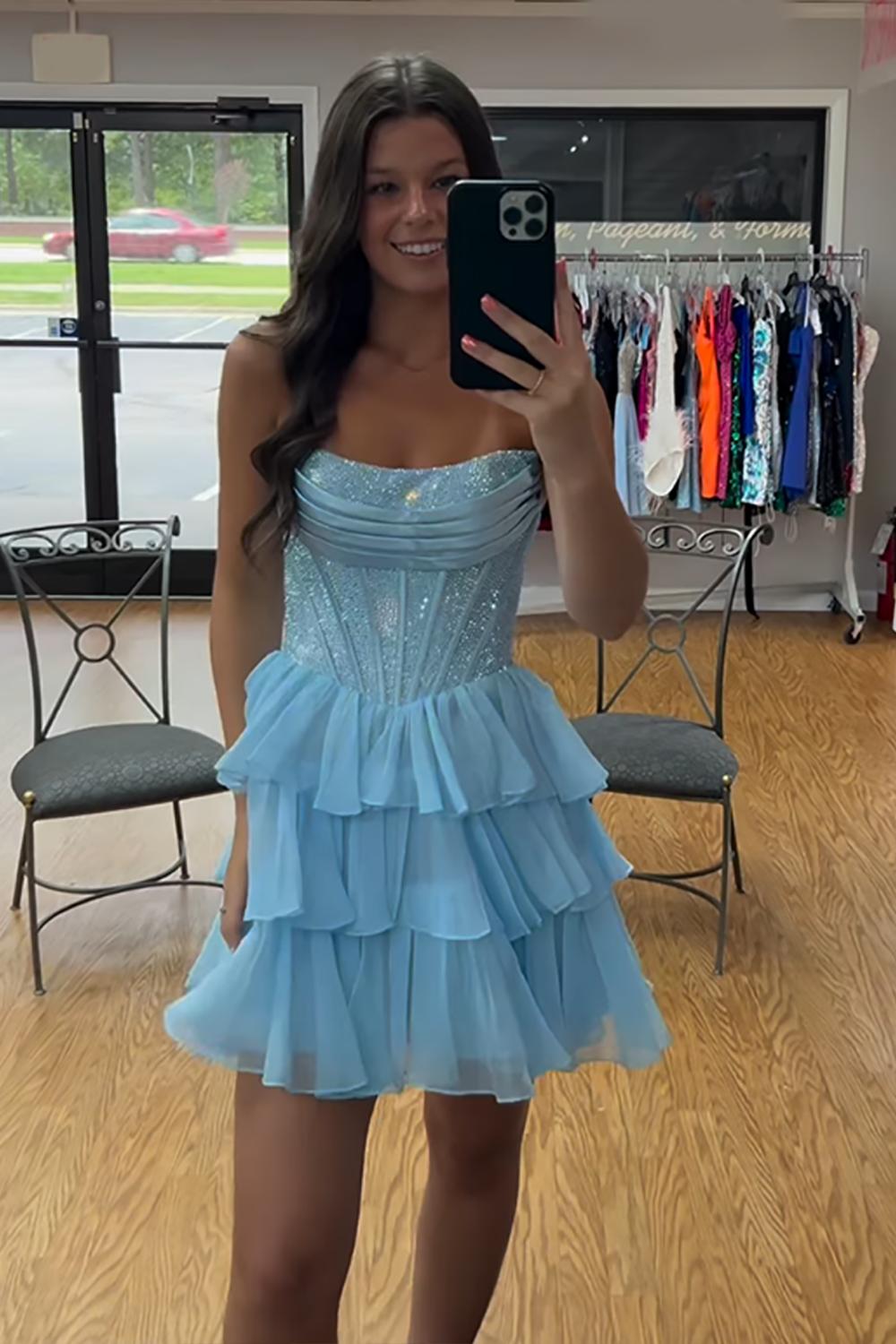 Black Beaded Corset A Line Homecoming Dresses Short Cocktail Dresses With Ruffles