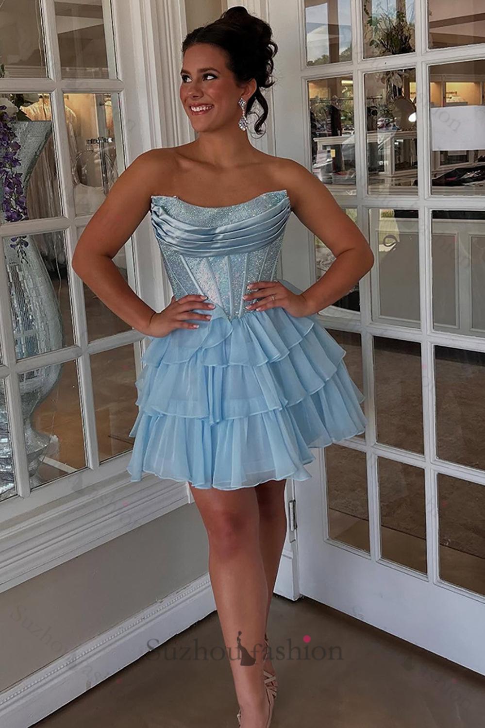 Suzhoufashion Black Beaded Corset A Line Homecoming Dresses Short Cocktail Dresses With Ruffles suzhoufashion Suzhoufashion Black Beaded Corset A Line Homecoming Dresses Short Cocktail Dresses With Ruffles suzhoufashion