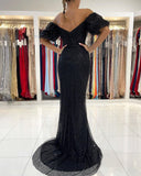 Black Evening Dresses Long Glitter Prom Dresses with Sleeves