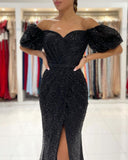 Black Evening Dresses Long Glitter Prom Dresses with Sleeves