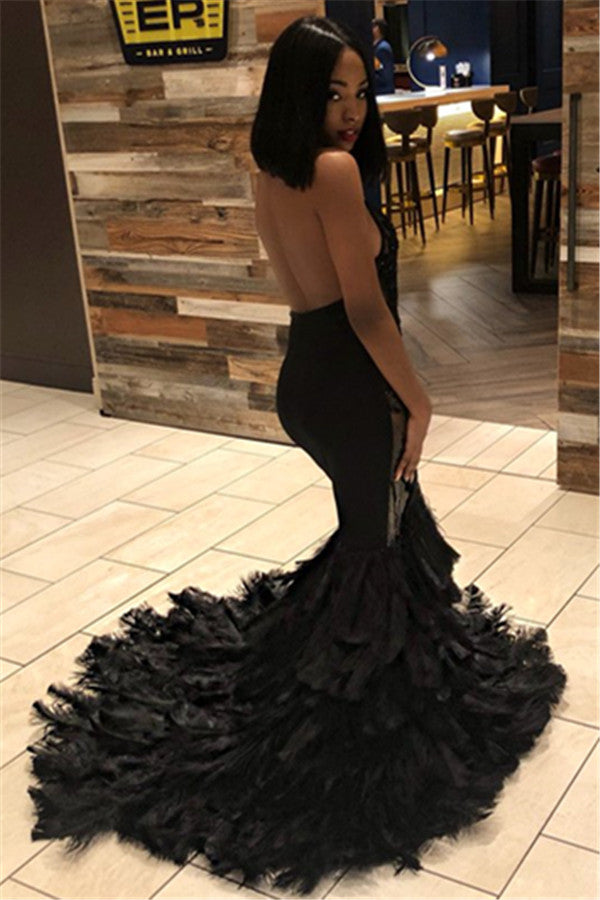 Black Halter Sleeveless Mermaid Prom Dresses | Elegant Open Back Appliques Evening Dresses BC1273