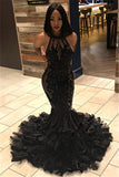 Black Halter Sleeveless Mermaid Prom Dresses | Elegant Open Back Appliques Evening Dresses BC1273