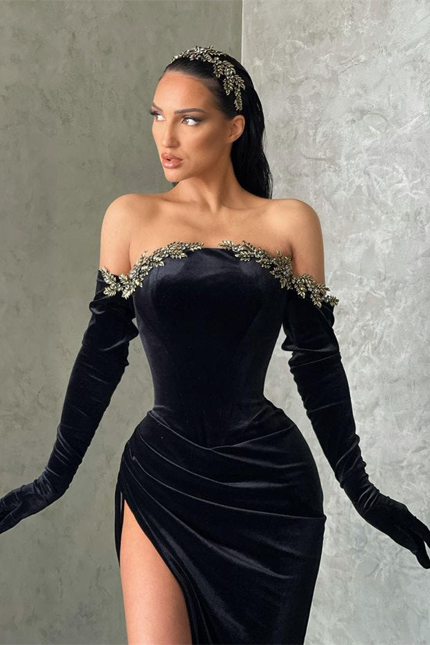 Black High-split Velvet Off-the-shoulder Mermaid Evening Prom Dresses