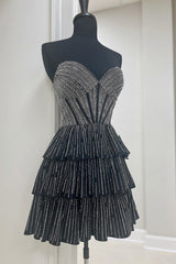 Black Homecoming Dress A Line Corset Short Prom Dress With Ruffles