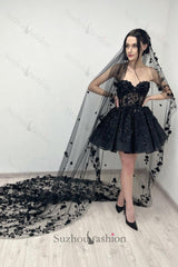 Black Homecoming Dress Ball Gown Sweetheart Tulle Short Cocktail Dress With Appliques