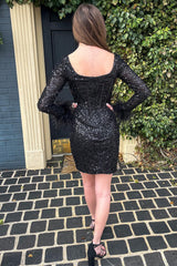 Black Homecoming Dresses Corset Long Sleeves Tight Short Hoco Dress with Feathers
