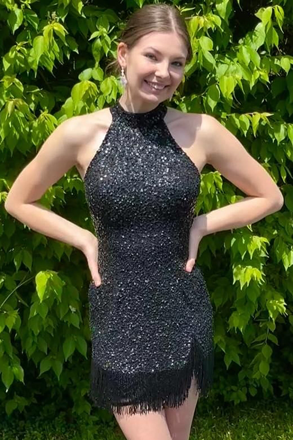 Black Homecoming Dresses Halter Sequin Tight Prom Dress