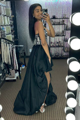 Black Homecoming Dresses High Low Satin A-Line Mirror Prom Dress