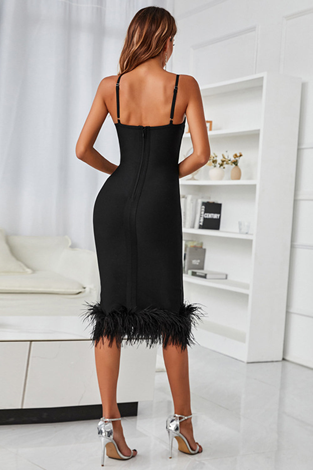 Black Homecoming Dresses Midi Bodycon Party Dress with Feathers