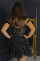 Black Homecoming Dresses Off The Shoulder Corset Short Cocktail Dresses with Ruffles