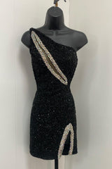 Black Homecoming Dresses Sequin One Shoulder Tight Short Cocktail Dresses