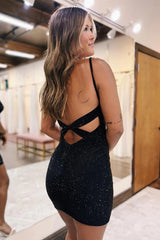 Black Homecoming Dresses Sequin Open Back Tight Short Hoco Dress