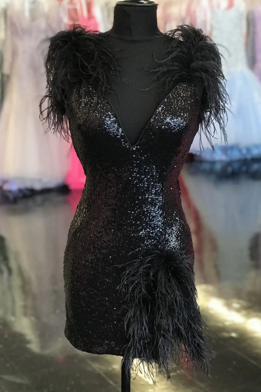 Black Homecoming Dresses Sequin Tight Short Cocktail Dresses with Feathers