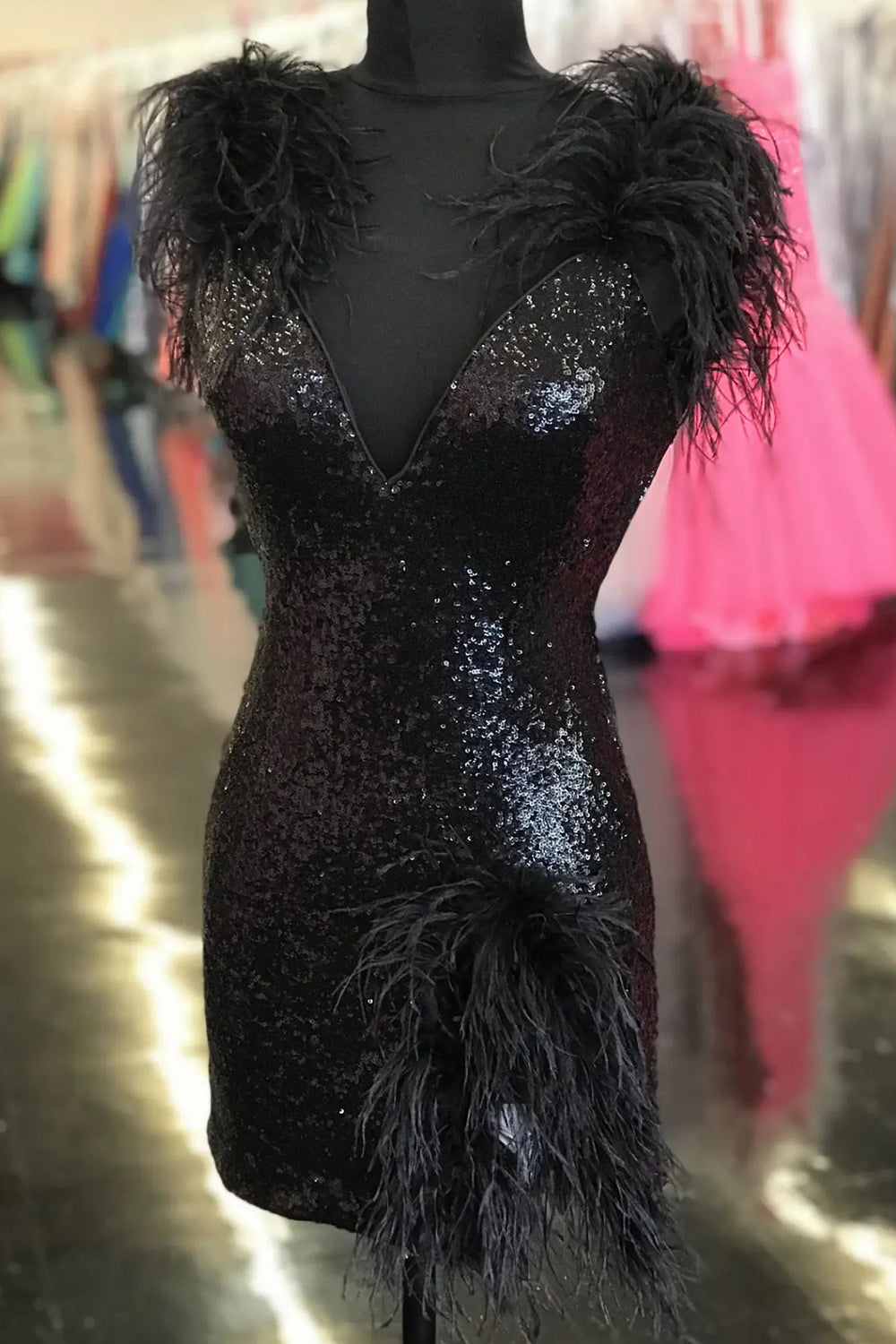 Black Homecoming Dresses Sequin Tight Short Cocktail Dresses with Feathers