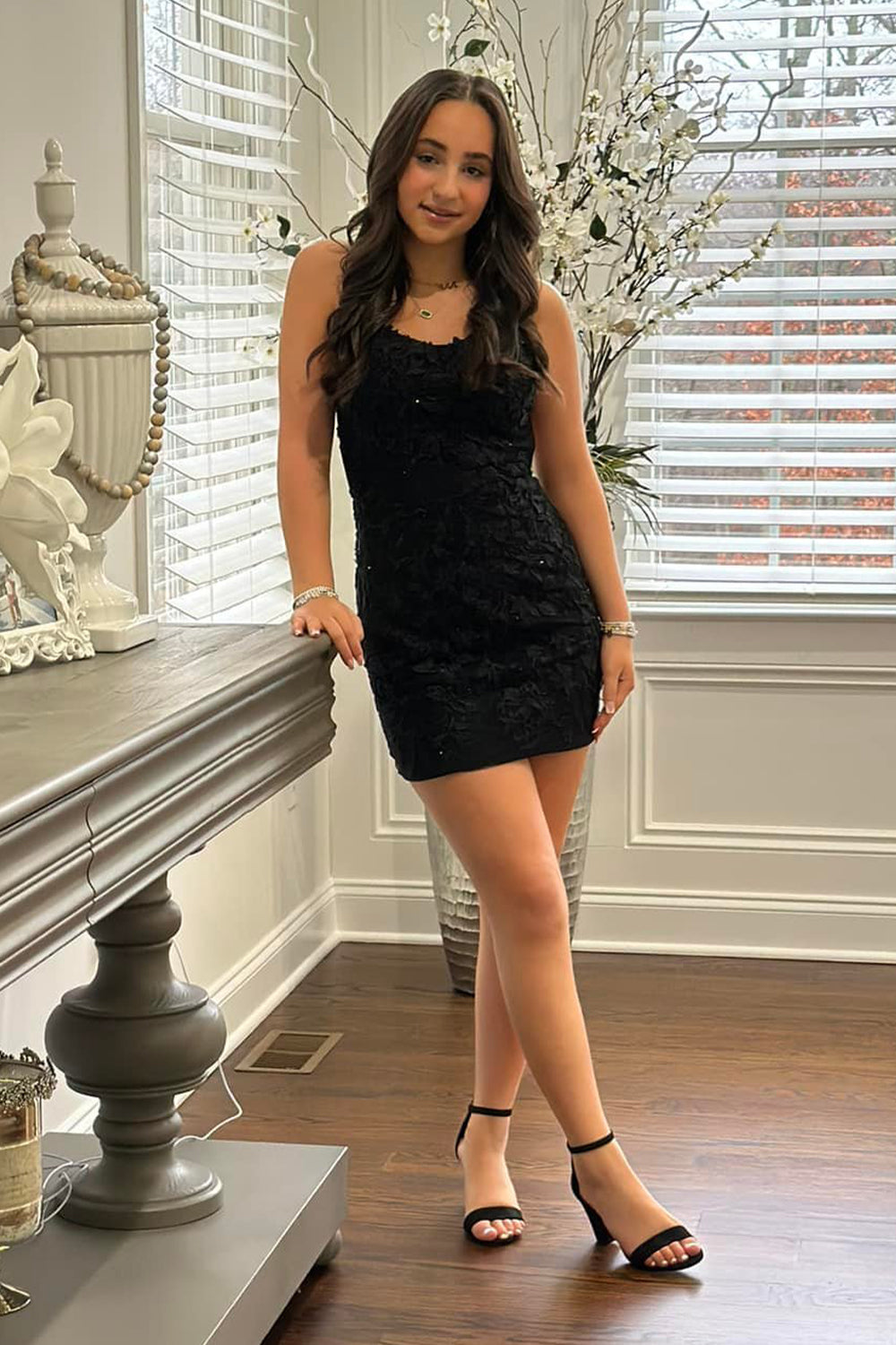 Suzhoufashion Black Homecoming Dresses Spaghetti Straps Backless Tight  Short Lace Prom Dress  suzhoufashion