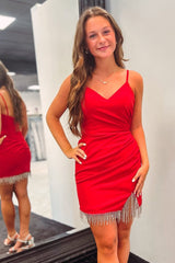 Black Homecoming Dresses Spaghetti Straps Tight Short Cocktail Dresses with Fringes