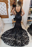 Black Lace Sleeveless Prom Dresses | Sexy Mermaid Open Back Evening Dresses