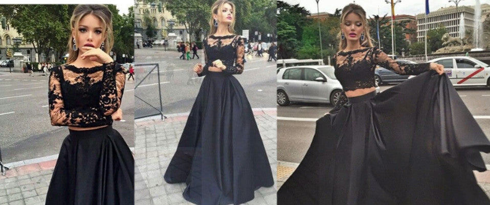Black Lace Two Piece Prom Dresses Long Sleeve Evening Gown CE049