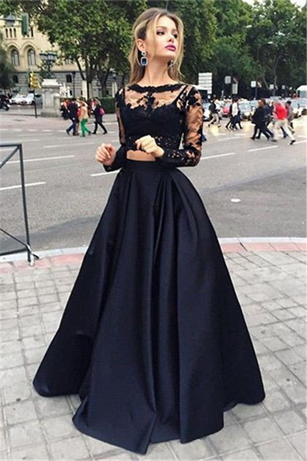 Black Lace Two Piece Prom Dresses Long Sleeve Evening Gown CE049
