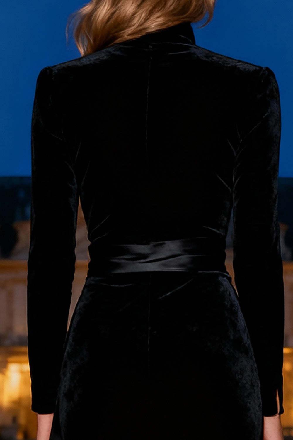 Black Mermaid Velvet Long Sleeves Holiday Party Dress With Sash