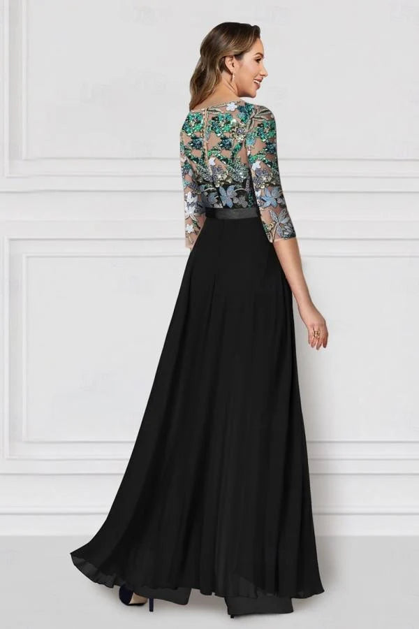 Black Mother of the Bride Pantsuit 3/4 Sleeve Wedding Guest Dress Pantsuit with Lace Appliques