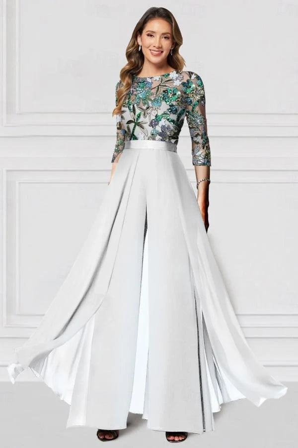 Black Mother of the Bride Pantsuit 3/4 Sleeve Wedding Guest Dress Pantsuit with Lace Appliques