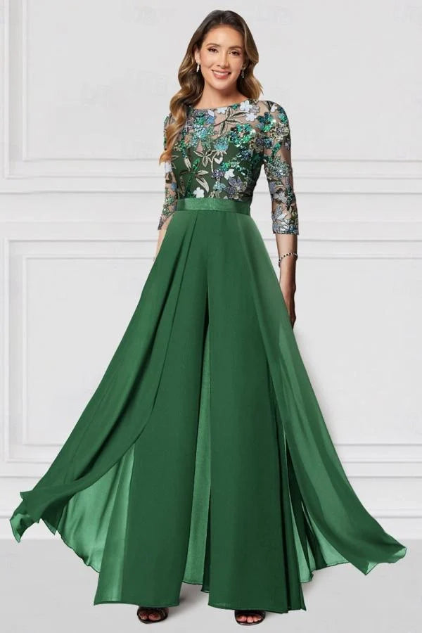 Black Mother of the Bride Pantsuit 3/4 Sleeve Wedding Guest Dress Pantsuit with Lace Appliques