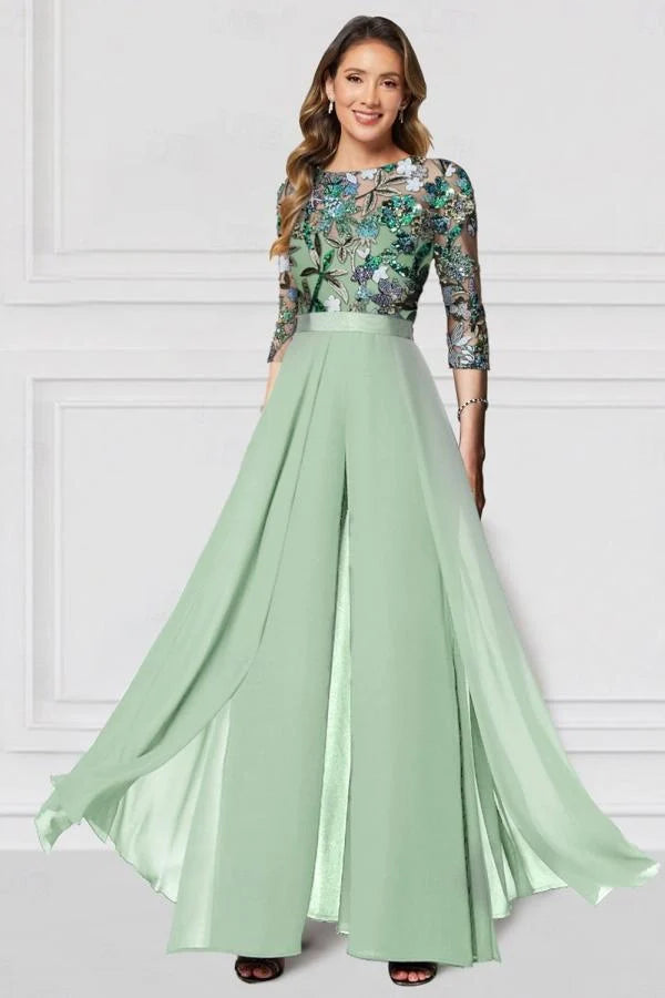 Black Mother of the Bride Pantsuit 3/4 Sleeve Wedding Guest Dress Pantsuit with Lace Appliques