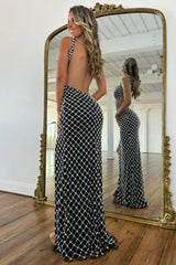 Black Pearls Mermaid V-Neck Backless Slit Prom Evening Gown Formal Evening Gown