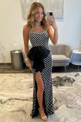 Black Pearls Spaghetti Straps Prom Dress With Statement Bow And High Slit Formal Evening Gown
