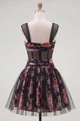 Black Pink Floral Ruched Corset A Line Short Homecoming Dress