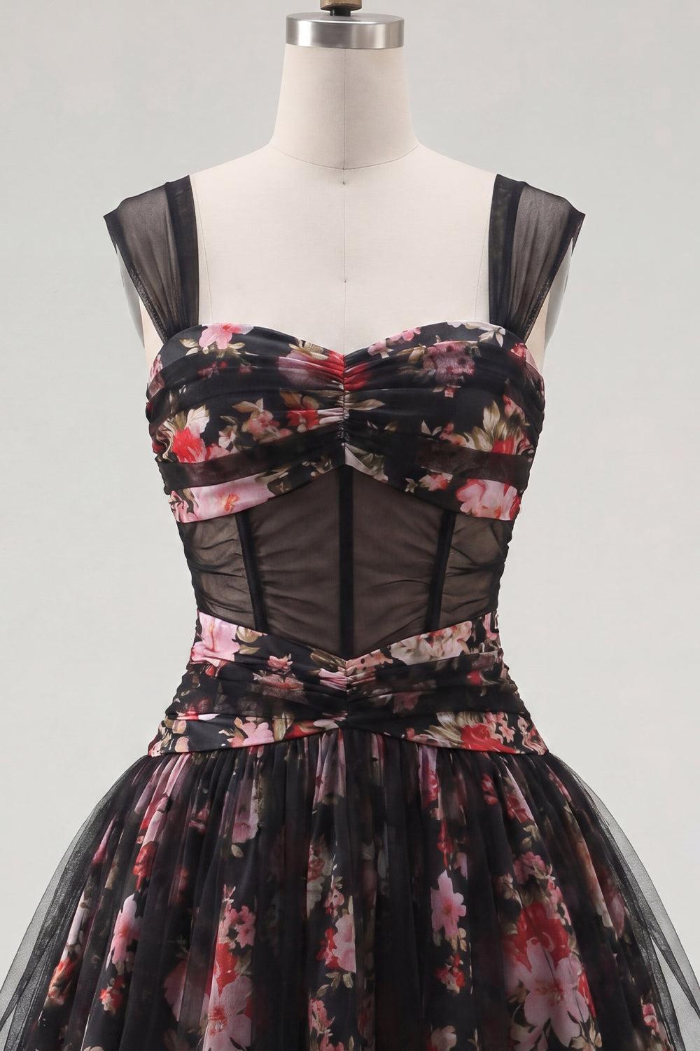 Black Pink Floral Ruched Corset A Line Short Homecoming Dress