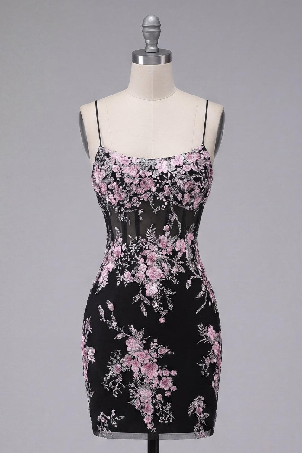 Spaghetti Straps Black Pink Flower Tight Short Corset Homecoming Dress