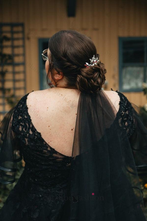 Black Plus Size Wedding Dress Short Sleeve A Line V Neck Bridal Gown with Lace Appliques