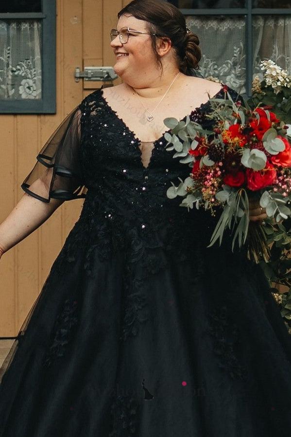 Black Plus Size Wedding Dress Short Sleeve A Line V Neck Bridal Gown with Lace Appliques
