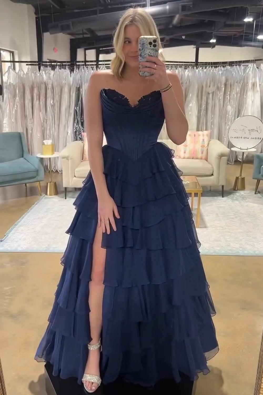 Black Prom Dress A Line Sweetheart Ruffled Corset Long Formal Dress With Slit