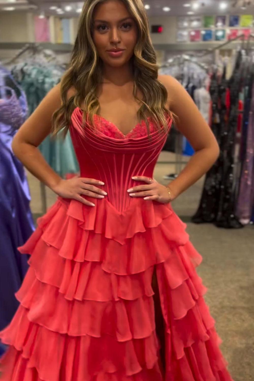 Black Prom Dress A Line Sweetheart Ruffled Corset Long Formal Dress With Slit