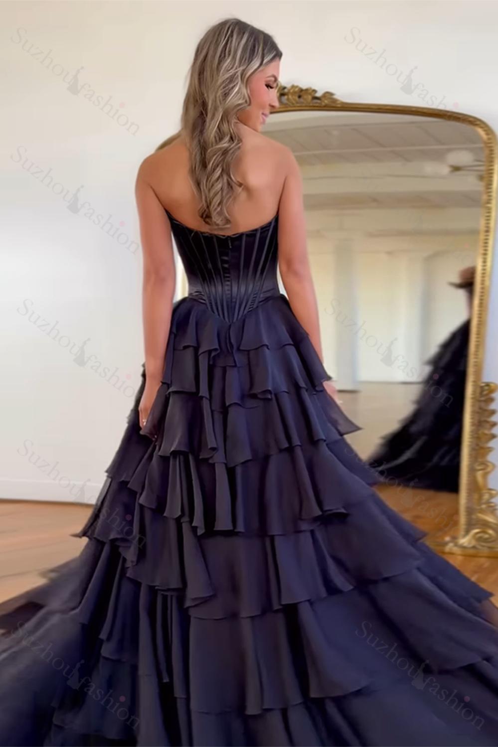 Suzhoufashion Black Prom Dress A Line Sweetheart Ruffled Corset Long Formal Dress With Slit Suzhoufashion Black Prom Dress A Line Sweetheart Ruffled Corset Long Formal Dress With Slit