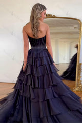 Black Prom Dress A Line Sweetheart Ruffled Corset Long Formal Dress With Slit